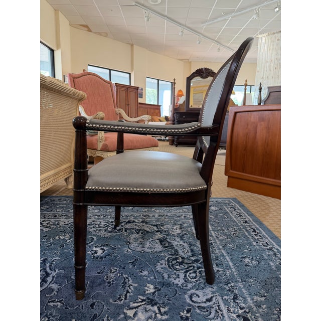 French Late 20th Century Milling Road for Baker Furniture Louis XVI Walnut & Grey Faux Leather Fauteuils For Sale - Image 3 of 8