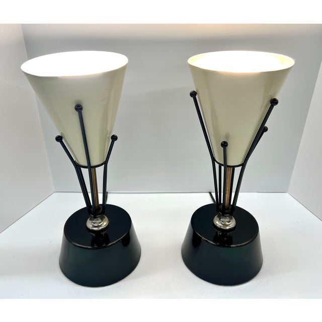 Pair of Vintage Mid-Century Modern Atomic Torchiere Table Lamps – Black & Brass – Cream Cone Shades Bring instant “Atomic...