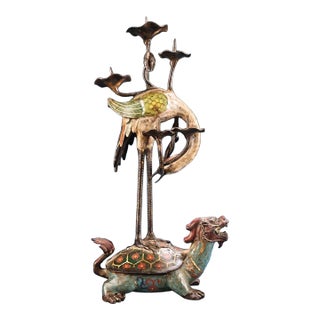 Antique Chinese Cloisonné & Bronze Crane Turtle Candle Holder - 5.5 LBS For Sale