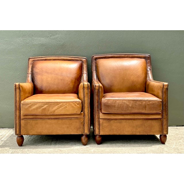 Vintage Nailhead Trim Leather Armchairs - Pair For Sale - Image 9 of 12