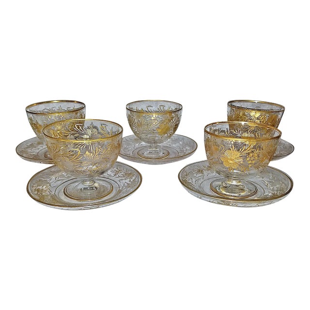 1920s Gilt Etched French Crystal Sherbert Cups Saucers Set- 13 Pieces For Sale