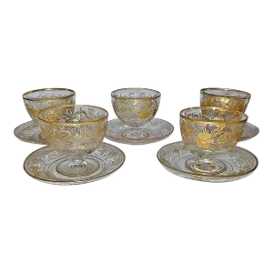 1920s Gilt Etched French Crystal Sherbert Cups Saucers Set- 13 Pieces