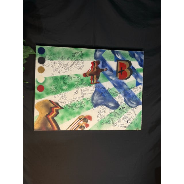 Unique abstract mixed media canvas artwork featuring bold green, blue, red, black, white, and gold tones with layered...