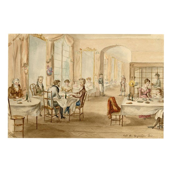 Diners at Cafe de Grignon, Paris, 1820s, Watercolour For Sale