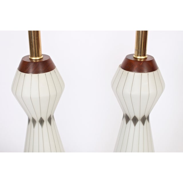 Wood Mid 20th Century Frosted White Glass Table Lamps With Hand Painted Silver Overlay - A Pair For Sale - Image 7 of 12