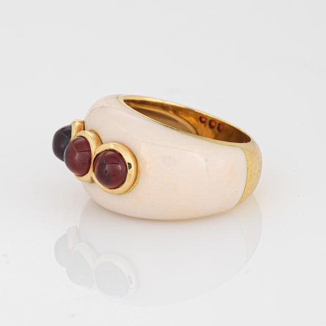 Garnet Enamel Dome Ring Sz 6 Vintage 18k Yellow Gold Wide Band Estate Jewelry For Sale - Image 4 of 7
