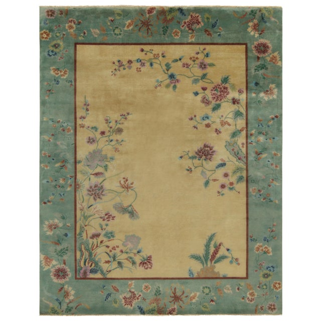 Gold Rug & Kilim Chinese Style Art Deco Rug in Teal Border, Gold Field & Floral Patterns - 8'x10' For Sale - Image 8 of 8