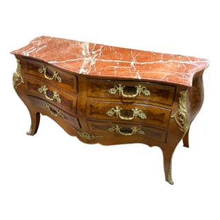Grand French Louis XV Style Six-Drawer Commode – Rich Wood, Marble Top & Gilded Bronze Details For Sale
