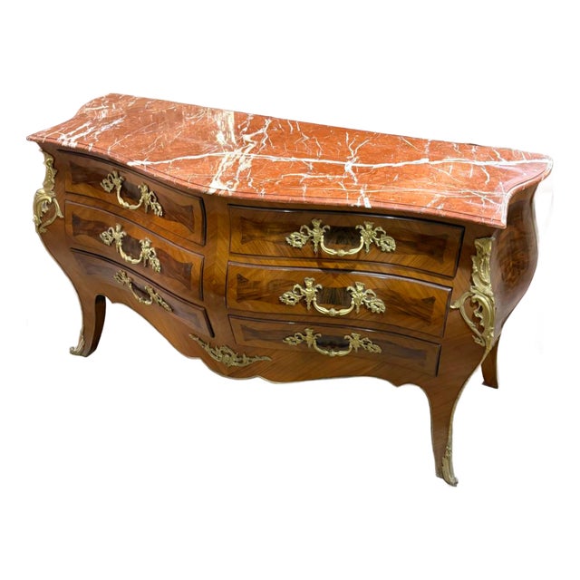 Grand French Louis XV Style Six-Drawer Commode – Rich Wood, Marble Top & Gilded Bronze Details For Sale
