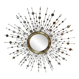 Vintage Stainless Steel & Wood Starburst Mirror For Sale