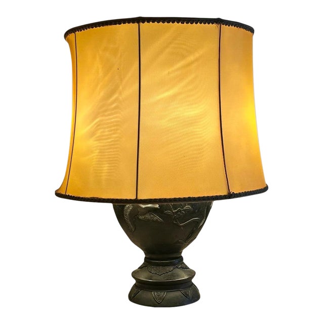 Antique Japanese Meiji Period Patinated Bronze Vase Table Lamp With High Relief Bird and Flower Silk Pagoda Shade For Sale