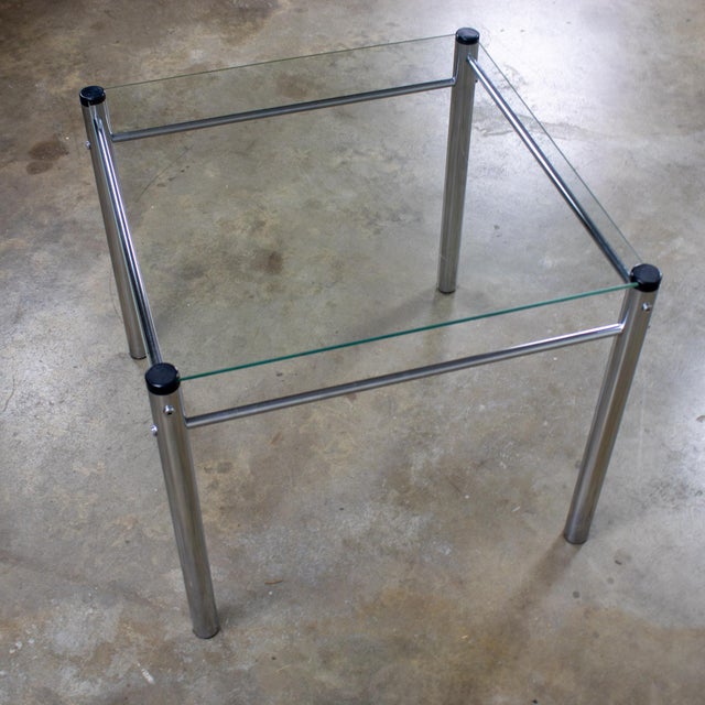 1970’s Modern Square End or Side Table by James David Cylindrical Chrome Tube Frame & Glass Top For Sale - Image 17 of 18