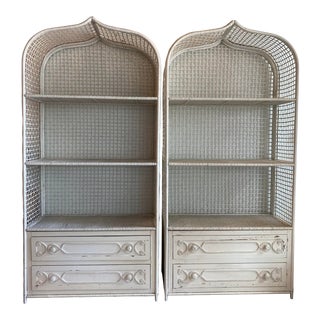 Vintage Wicker Rattan White Pagoda Moroccan Top Etageres Shelves & Drawers -A Pair For Sale