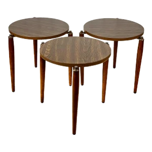 Mid-Century Atomic Walnut Stacking Round Side Tables - Set of 3