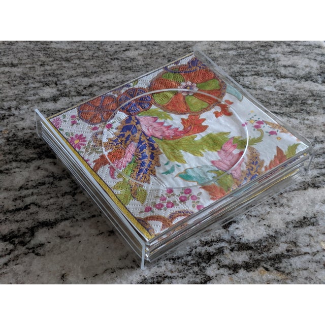 A set of 5 separate Lucite pieces; 1 Lucite Coaster Holder, then 4 individual Lucite Coasters that hold Cocktail Napkins...