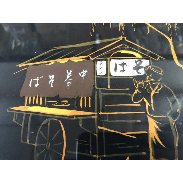 Paper Mid 20th Century Black and Gold Rickshaw Japanese Style Scenic Signed, Pair For Sale - Image 7 of 9