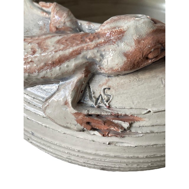 Artisan Sculpted Ceramic Vintage Pottery Lizard Motif Bowl Singed One f a kind, singed AS by Lizards foot