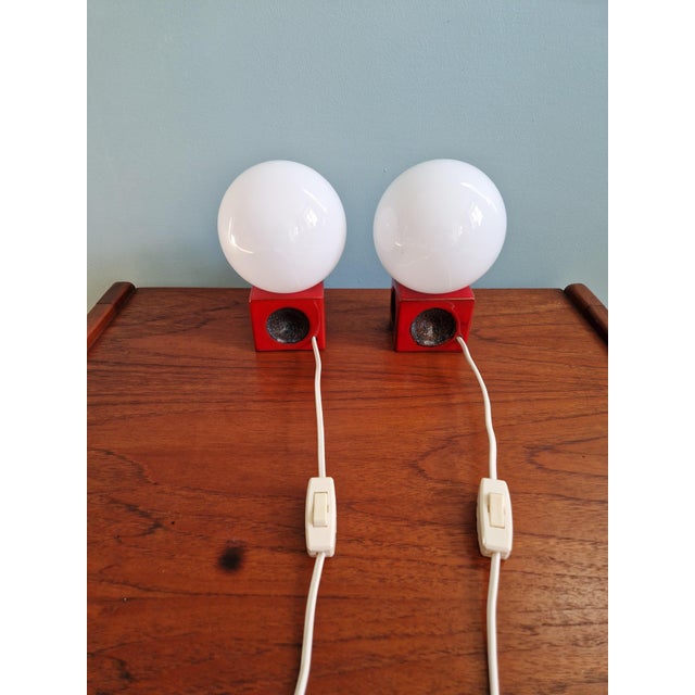 Red Ceramic Bedside Lamps with Opaline Glass Globes, 1970s, Set of 2 For Sale - Image 13 of 14
