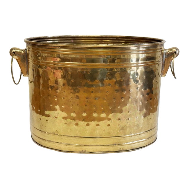 Vintage Oval Hammered Brass Planter With Handles For Sale