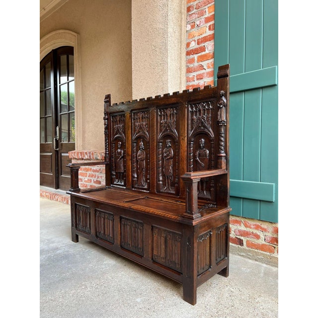 Antique English Gothic Hall Bench Carved Oak Medieval Knights Settle c1880. Direct from England, an impressive antique...