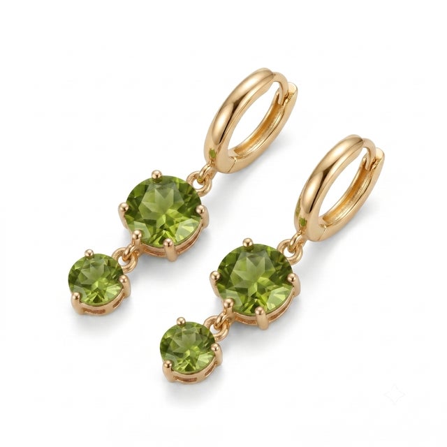 Not Yet Made - Made To Order Peridot Graduated Double Drop 18k Gold Plated Huggies, August Birthstone Earrings - A Pair For Sale - Image 5 of 6