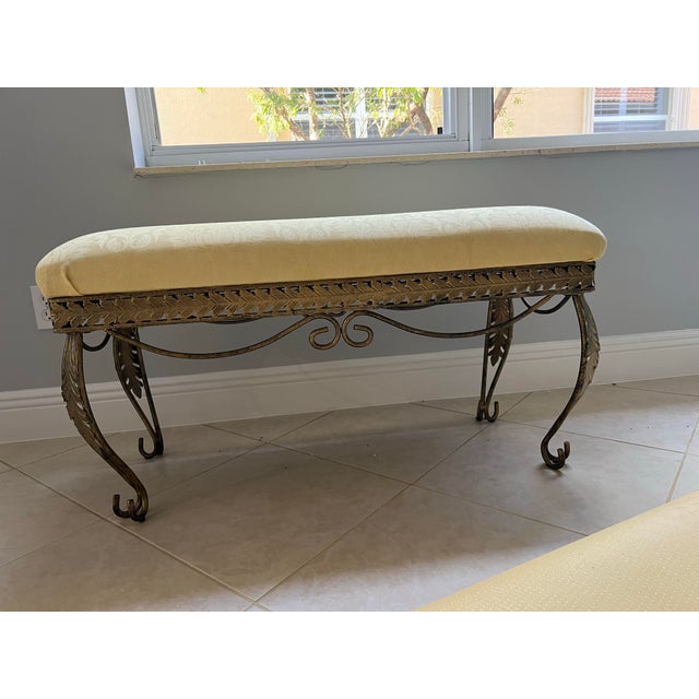 2000 - 2009 Vintage Metal Base Bench Yellow Damask Fabric Seat For Sale - Image 5 of 9