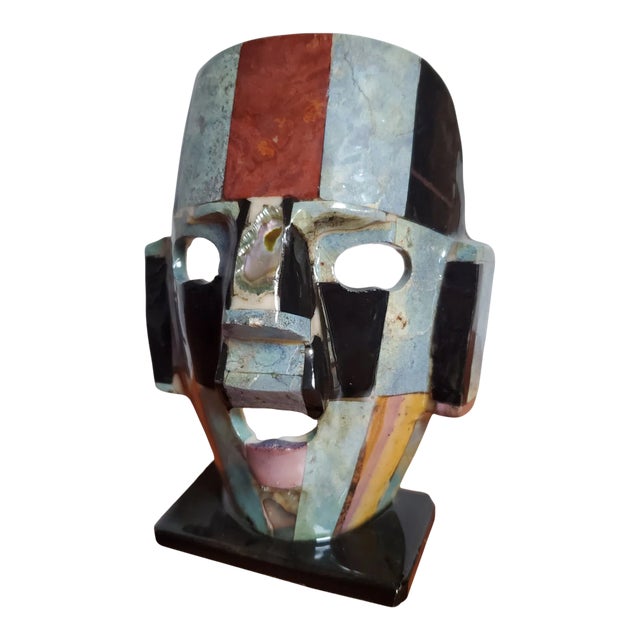 Aztec Mayan Onyx Abalone Semi Precious Stone Mosaic Burial Face Mask 6" Statue For Sale
