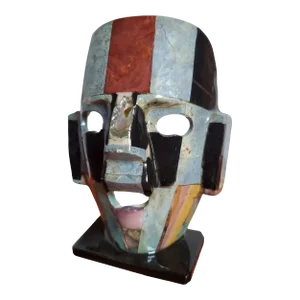 Aztec Mayan Onyx Abalone Semi Precious Stone Mosaic Burial Face Mask 6" Statue