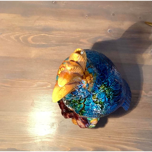 Late 20th Century Vintage Large Parrot Cockatoo on Perch Glazed Ceramic Bird Sculpture in Vibrant Blue and Orange Polychrome For Sale - Image 9 of 10