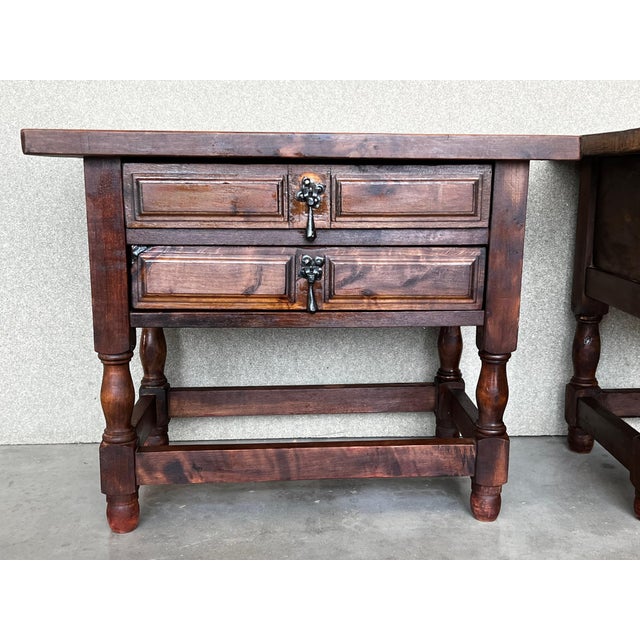 Spanish 20th Century Pair of Spanish Nightstands with Two Drawers and Iron Hardware For Sale - Image 3 of 18