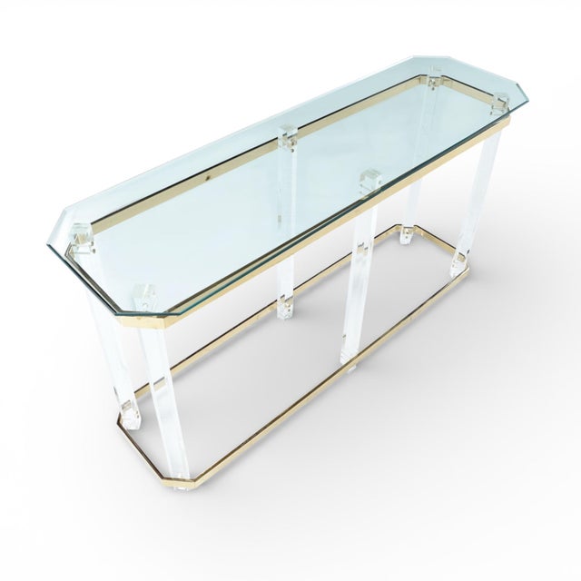 1980s Vintage Charles Hollis Jones Style Clear Acrylic and Brass Console Table For Sale - Image 5 of 12