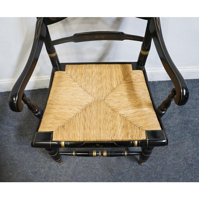 Black Ethan Allen Hand Decorated Collection Black & Gold Hitchcock Style Arm Chair W. Rush Seat 14-6110a For Sale - Image 8 of 10