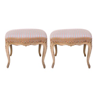 French Carved & Painted Fruitwood Louis XV Style Ottomans Painted French Gray - Pair For Sale