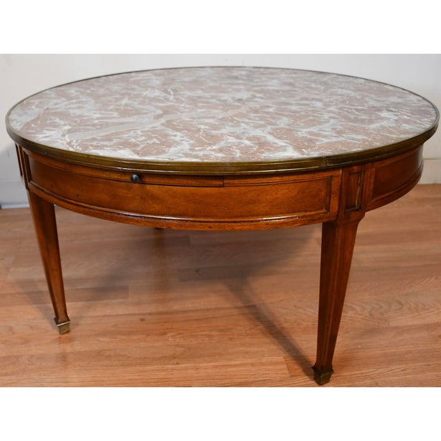 Brown 1910s Antique French Louis XVI Mahogany & Marble Top Bouillottee Coffee Table For Sale - Image 8 of 13