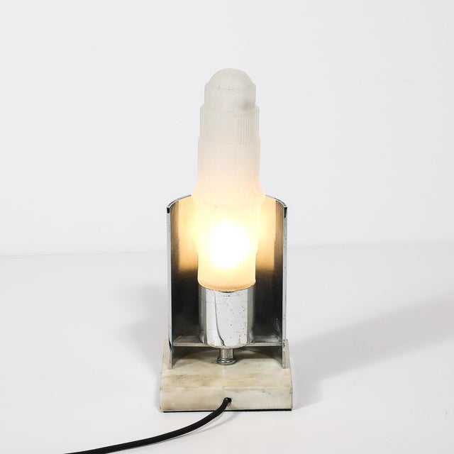 Art Deco Table Lamp in Frosted Glass W/ Polished Chrome Diffuser on Marble Base For Sale - Image 14 of 14