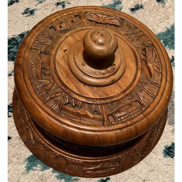 Wood Mid Century Carved Wooden Cake Stand Engraved Round Shape With Lid Brown For Sale - Image 7 of 8