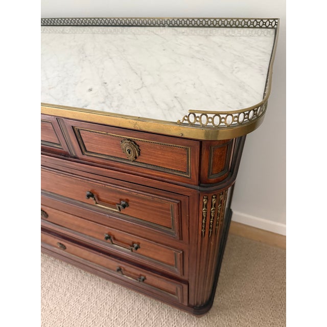 French Antique French Louis XVI Style Walnut Marble Top Commode With Brass Gallery For Sale - Image 3 of 9
