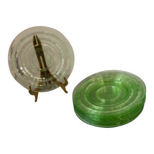 Set of 8 Green Uranium Glass Hazel Atlas Plates 1930s Circle Pattern