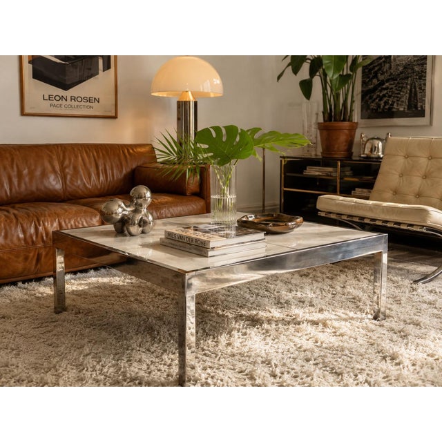 Exceptional 1970s modernist coffee table designed by Leon Rosen for Pace Collection, featuring a sleek architectural frame...