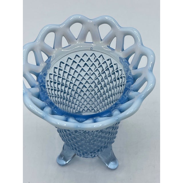 Vintage Imperial Glass Vase Blue Diamond Pattern Opalescent Footed For Sale In Boston - Image 6 of 8