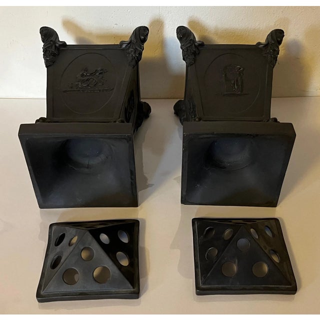 Traditional 18th Century English George III Turner Basalt Bough Pot Urns or Vases With Caryatid Widow Masks & Egyptian Pyramid Lids - a Pair For Sale - Image 3 of 13
