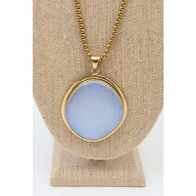 Charles Allen Gold Plated Pendant Necklace With Large Glass Blue Opalescent Stone, 1980's For Sale - Image 10 of 10