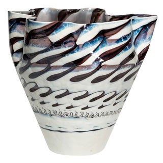 Vintage Murano White Iridescent Wavy Decor Vase, 1980s For Sale