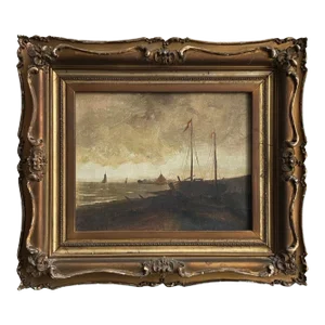Antique 19th C. Romantic Seascape at Dusk, Signed (Framed, Oil on Canvas)