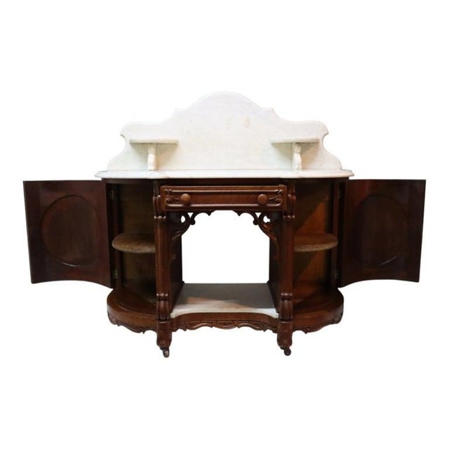 Late 19th Century Carved Walnut & Burl Marble Top Server Desk With Candle Stands C1880 For Sale - Image 5 of 11