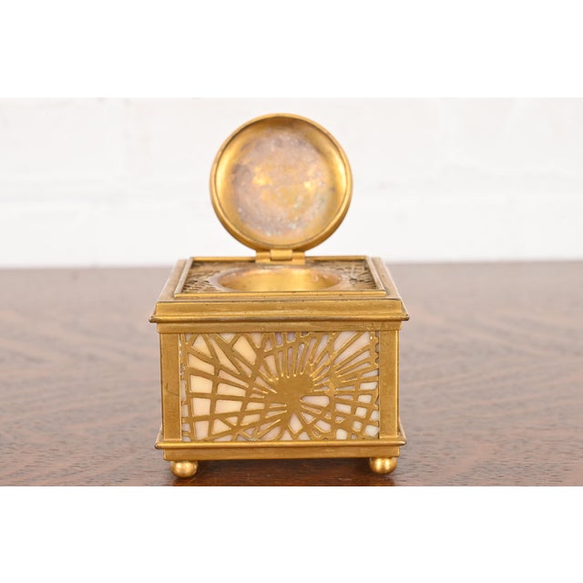 Metal Tiffany Studios New York Pine Needle Bronze Doré and Favrile Slag Glass Inkwell For Sale - Image 7 of 12