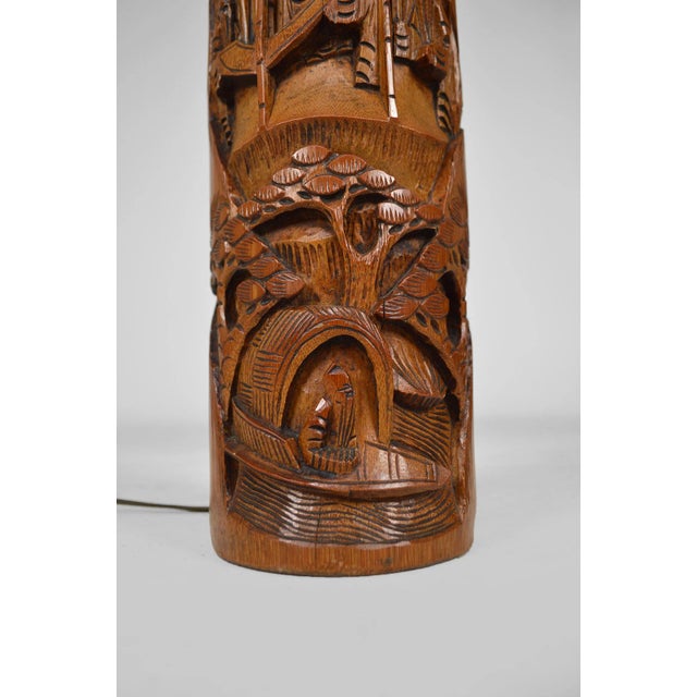 1940s Mid-Century Asian Living Room Table Lamp in Carved Wood, 1940s For Sale - Image 5 of 7