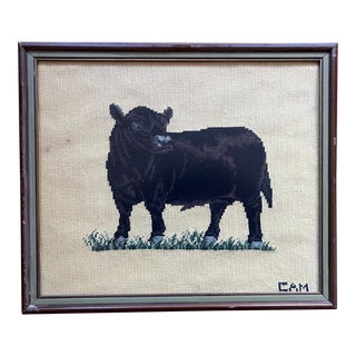 Framed Needlepoint Picture of a Bull or Cow For Sale