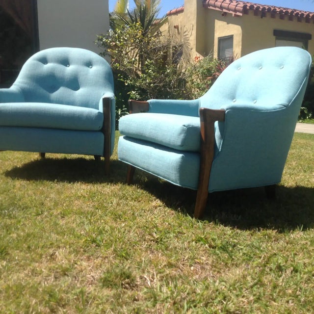 Vintage mid century lounge chairs. The chairs were upholstered by our shop for the listing in baby blue chenille. The wood...