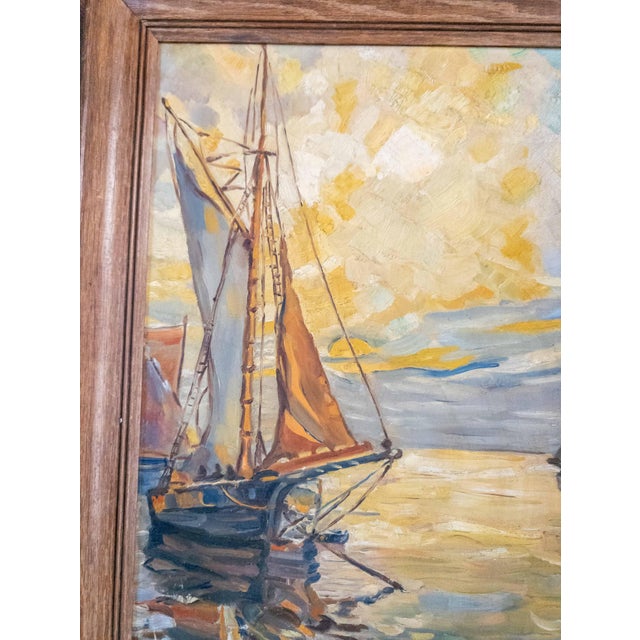 Wood Mid-Century Modern Abstract Impressionist Nautical Painting of a Sailboat, Signed For Sale - Image 7 of 16